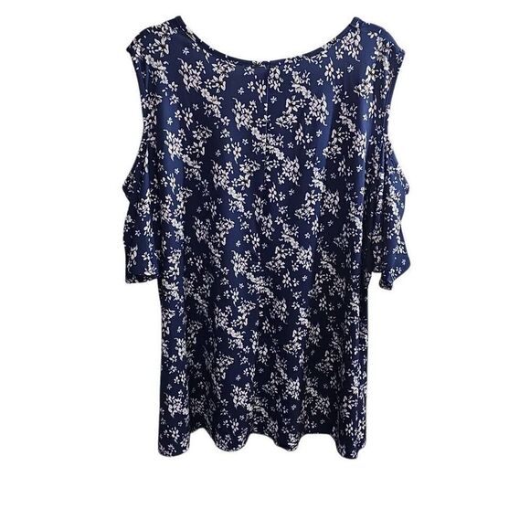 ALLEGRACE Plus Size 2X, Navy Blue Floral Print, Cold-Soulder Blouse. NWT - Picture 2 of 7